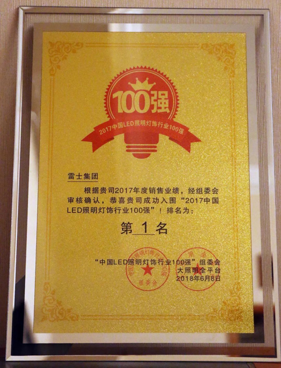 品牌榮譽(yù)|雷士集團(tuán)榮登2017中國LED照明燈飾行業(yè)100強(qiáng)榜首