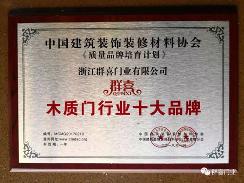 品牌榮譽(yù)|眾望所歸 群喜門(mén)業(yè)榮獲木質(zhì)門(mén)行業(yè)十大品牌